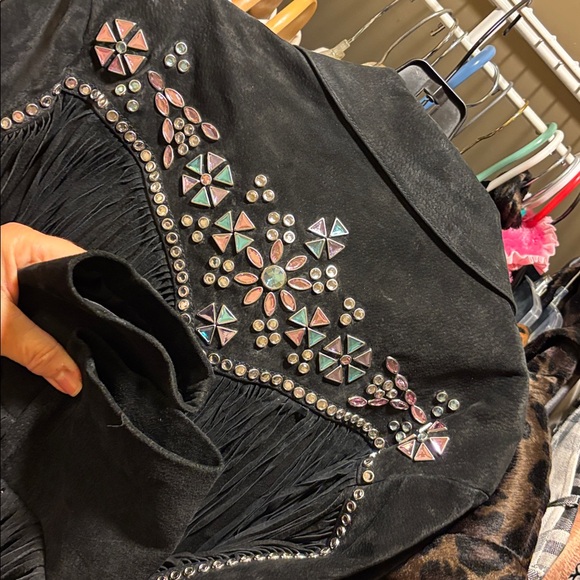 Black Suede Fringe Rhinestone Studded Leather Jacket L Excellent VTG Condition - Picture 12 of 17